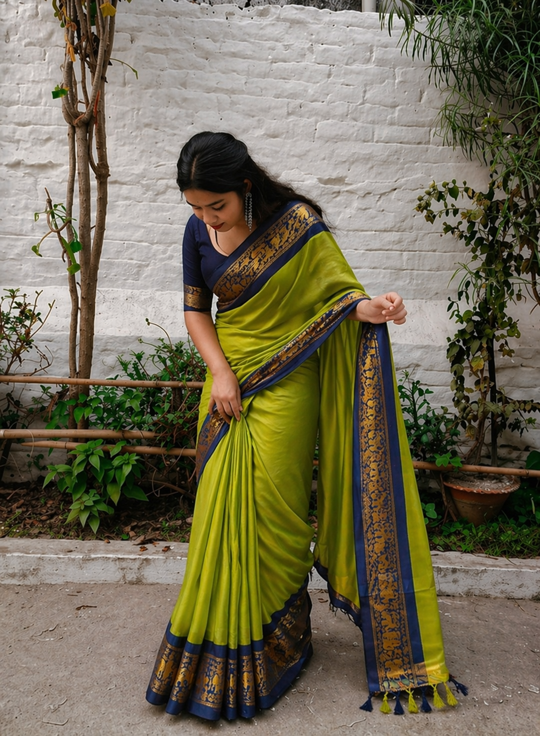 LIME GREEN BLUE SOFT COTTON SILK CITRUS OCEAN AURA SAREE