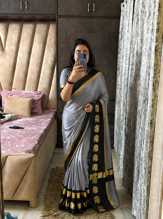 Grey & Black Soft Cotton Silk Emerald Bloom Saree For Women With Running Blouse