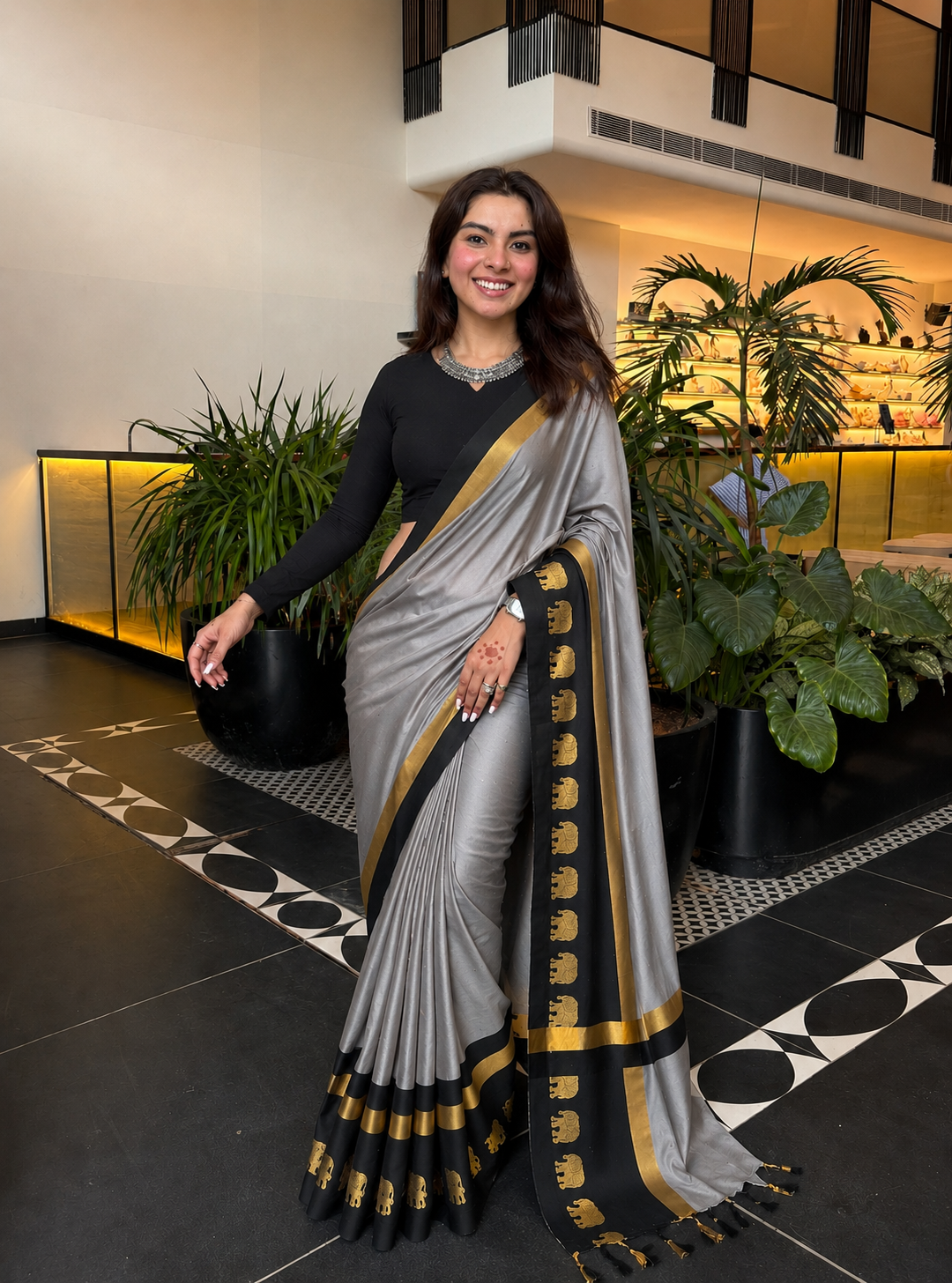 Grey & Black Soft Cotton Silk Emerald Bloom Saree For Women With Running Blouse