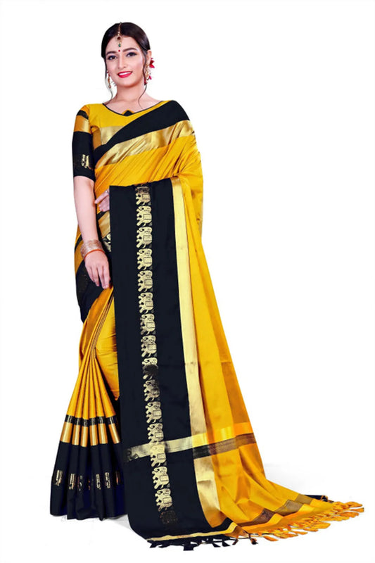 Gold & Black Soft Cotton Silk Sunburst & Shadow Saree For Women