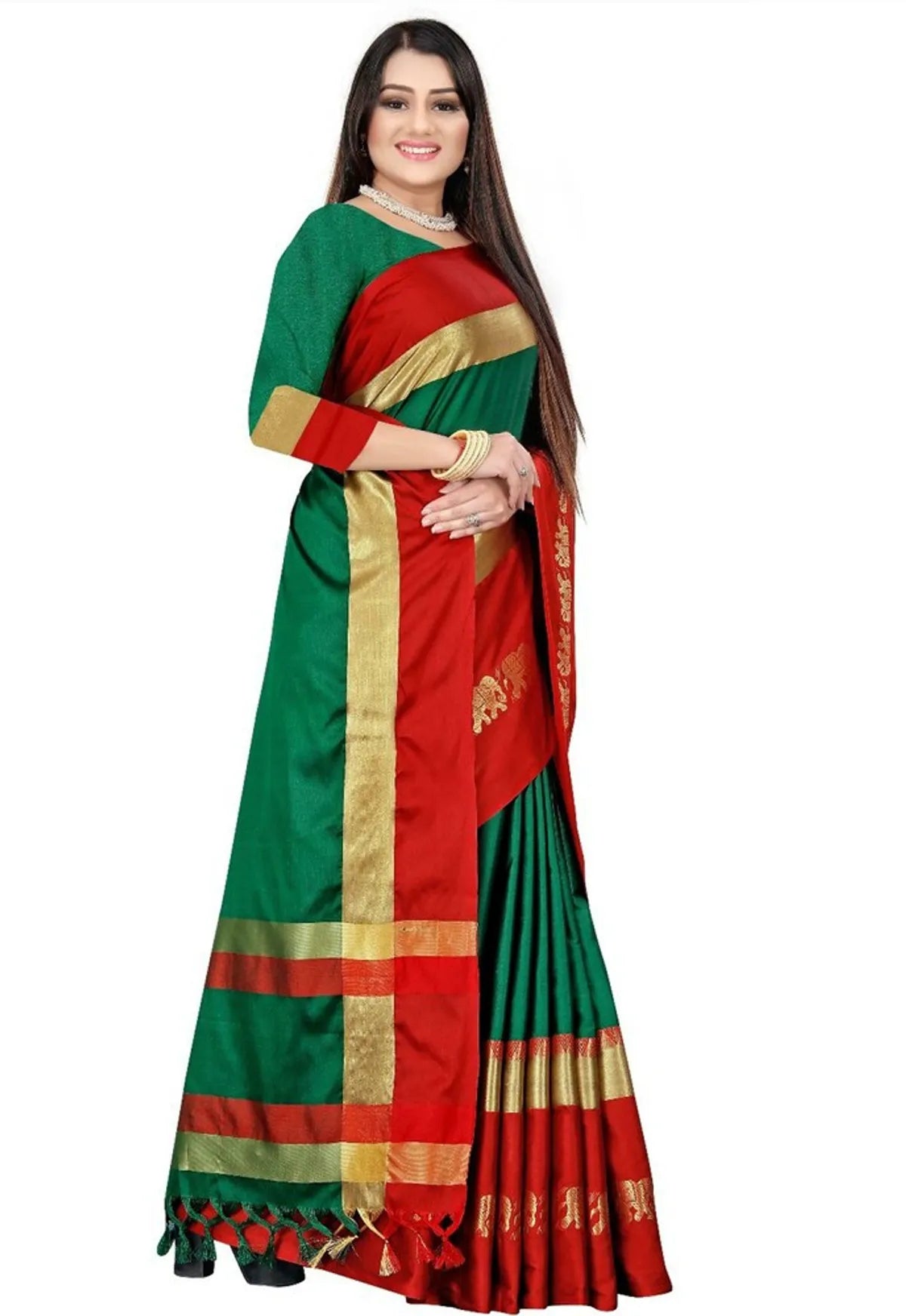 Green & Red  Soft Cotton Silk Auspicious Harmony Saree For Women