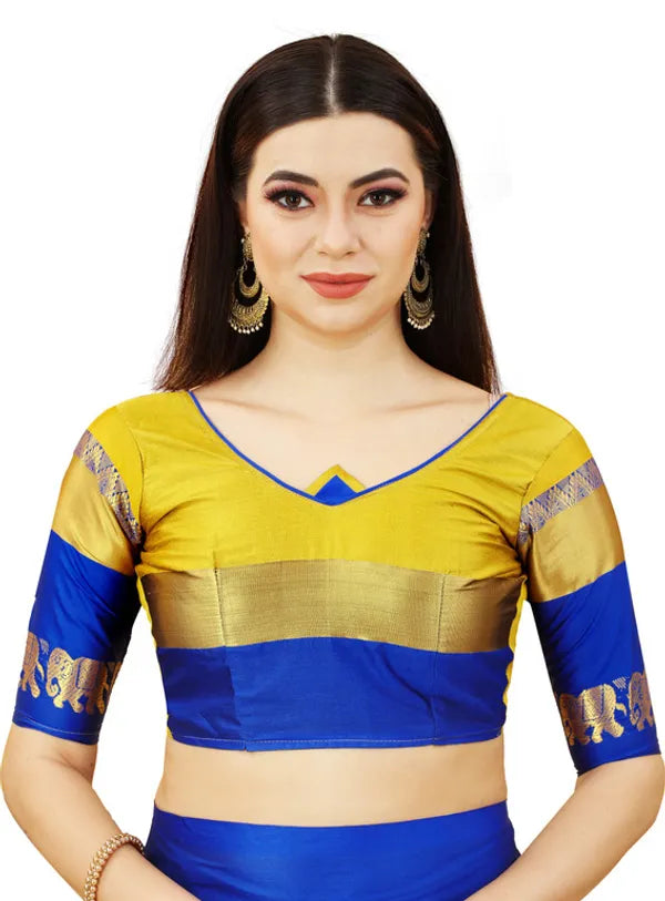 GOLD BLUE SOFT COTTON SILK SAPPHIRE RADIANCE SAREE FOR WOMEN