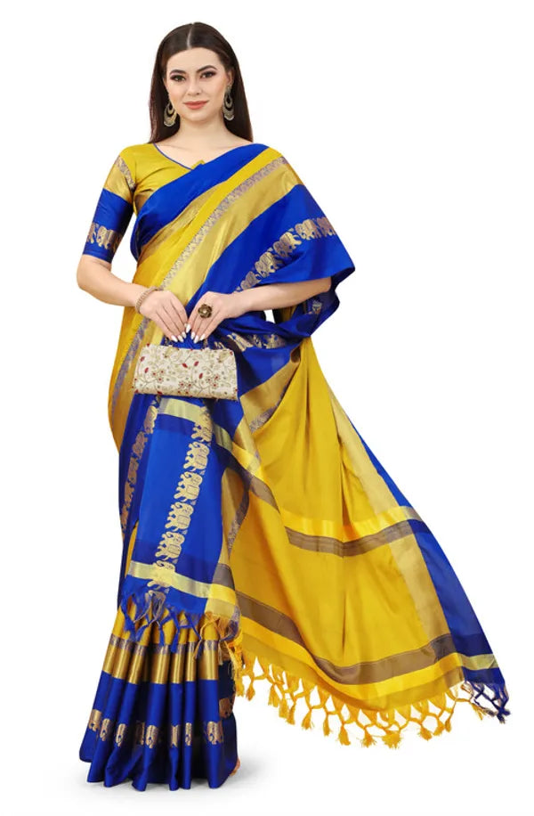 GOLD BLUE SOFT COTTON SILK SAPPHIRE RADIANCE SAREE FOR WOMEN