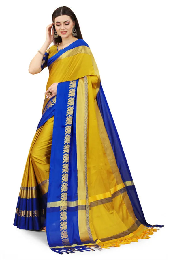 GOLD BLUE SOFT COTTON SILK SAPPHIRE RADIANCE SAREE FOR WOMEN