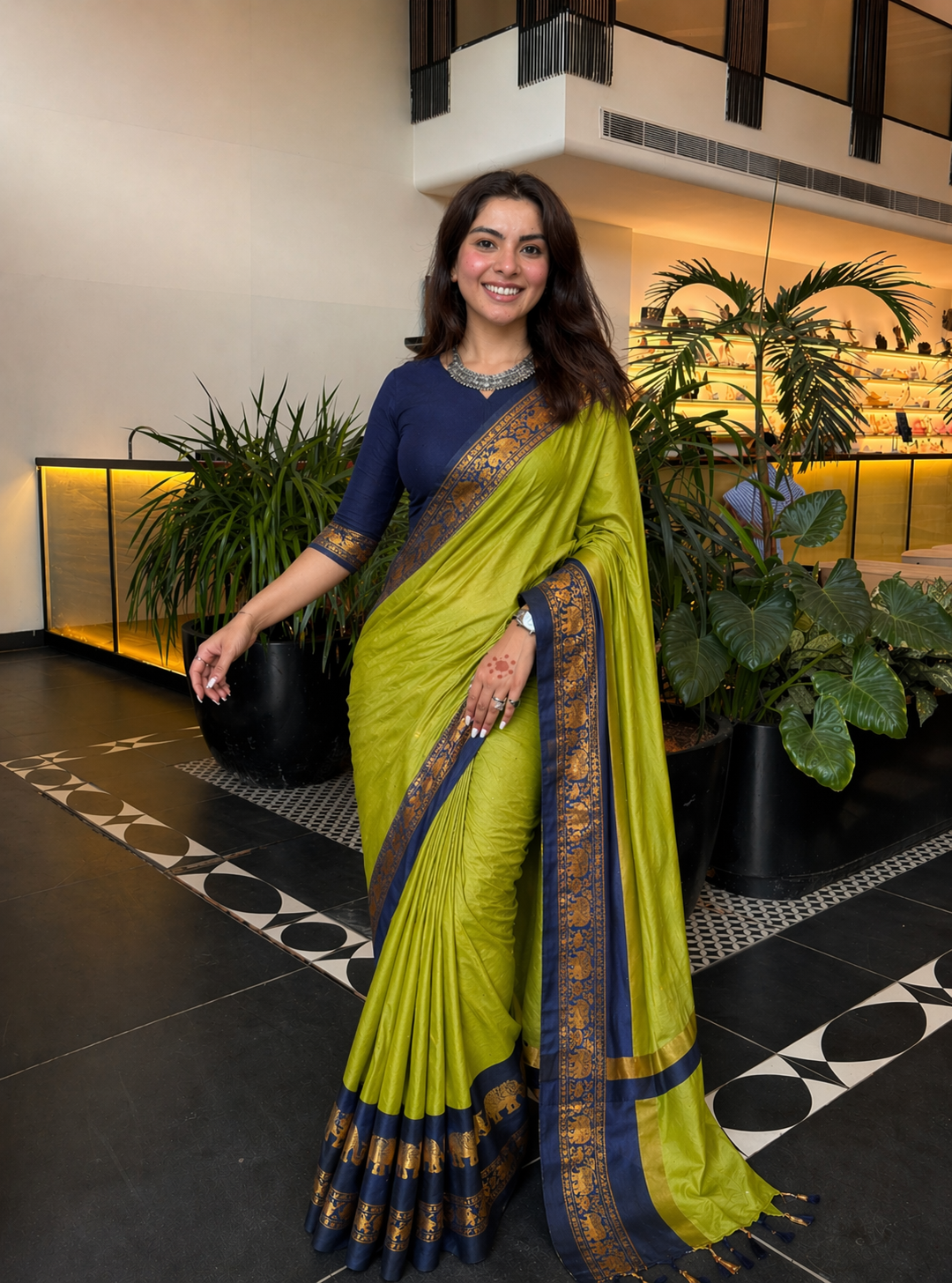 LIME GREEN BLUE SOFT COTTON SILK CITRUS OCEAN AURA SAREE