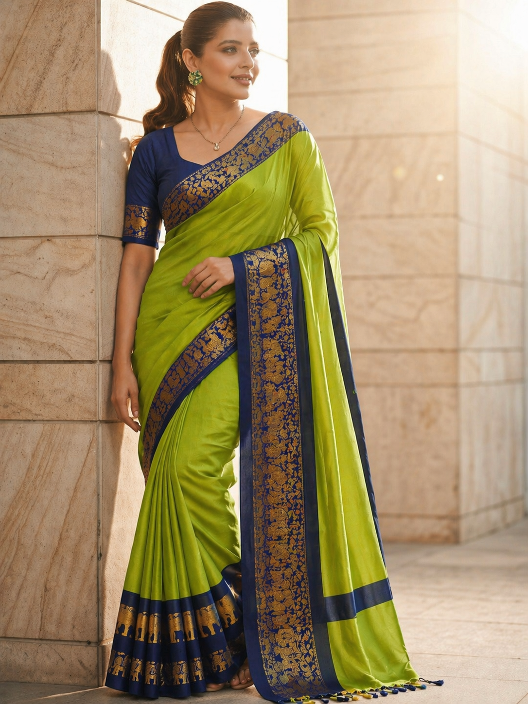 LIME GREEN BLUE SOFT COTTON SILK CITRUS OCEAN AURA SAREE