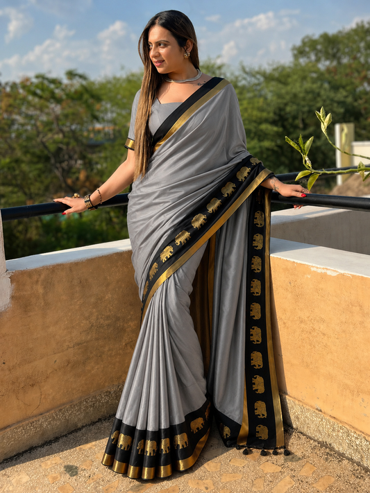 ELEPHANT BORDER Grey & Black  Soft Cotton Silk Emerald Bloom Saree For Women