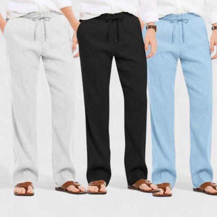 Combo of 3 Linen Loose Fit Men Pant Blue-Black and Light Gray