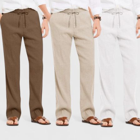 Combo of 3 Linen Loose Fit Men Pant White-Light Beige and Brown