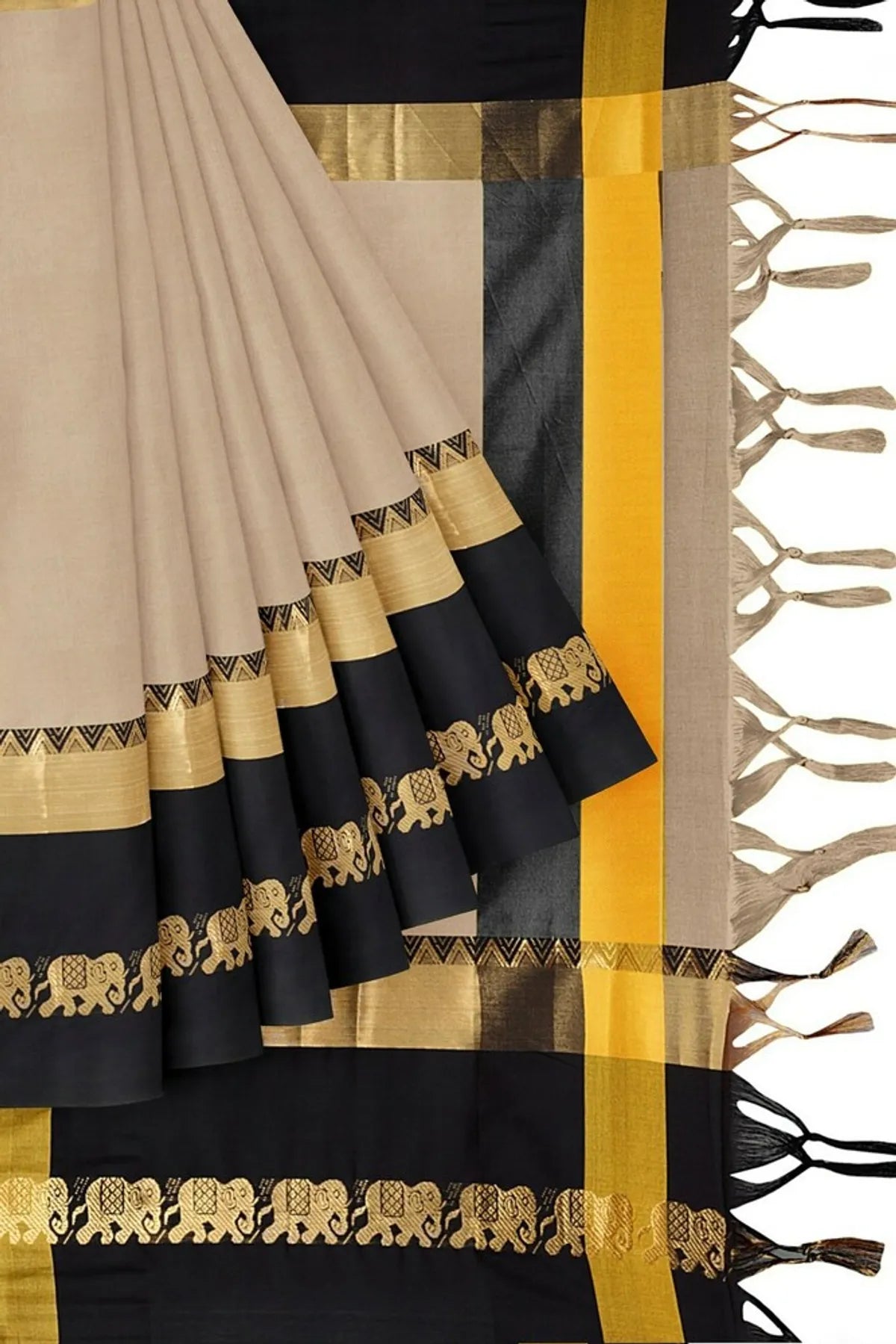 Chiku & Black  Soft Cotton Silk Royal Procession Drape Saree For Women