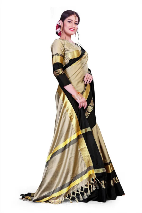 CHIKU & BLACK SOFT COTTON SILK ROYAL PROCESSION DRAPE SAREE
